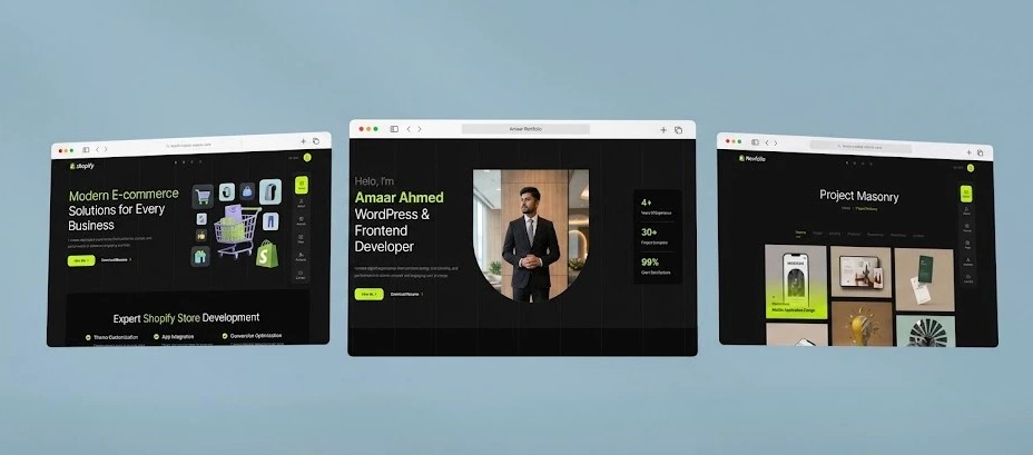 Portfolio showcase featuring Shopify development, modern web design, and frontend development projects by Amaar Ahmed