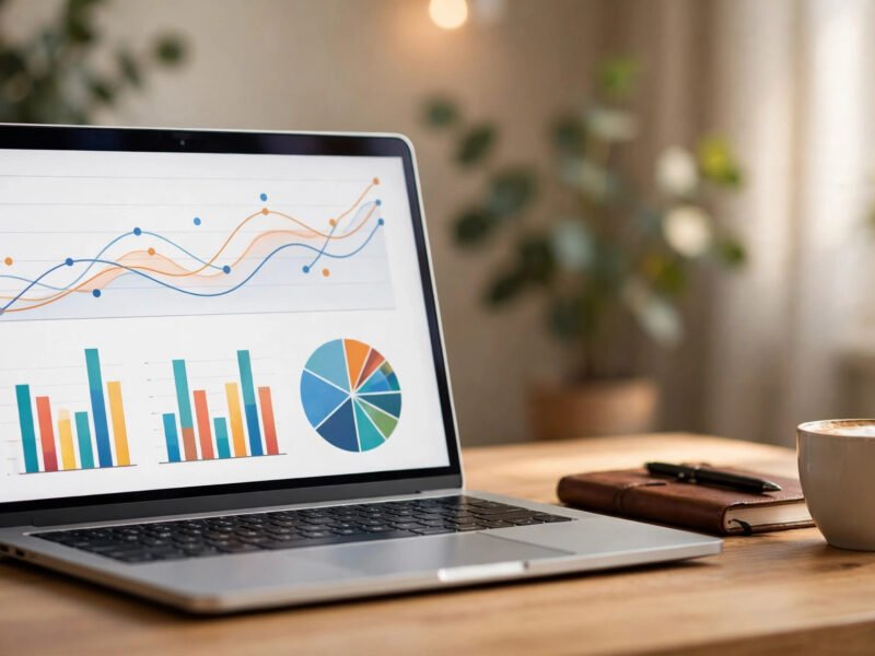 Laptop on desk showing website analytics dashboard — how to add Google Analytics to WordPress