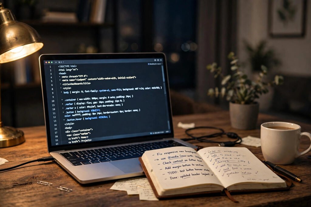 Web developer creating a WordPress child theme on a laptop.