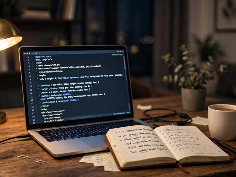 Web developer creating a WordPress child theme on a laptop.
