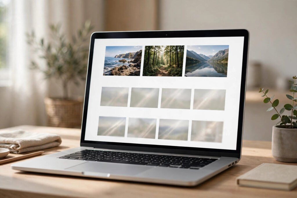 Laptop showing lazy load images in WordPress loading progressively in a photo gallery