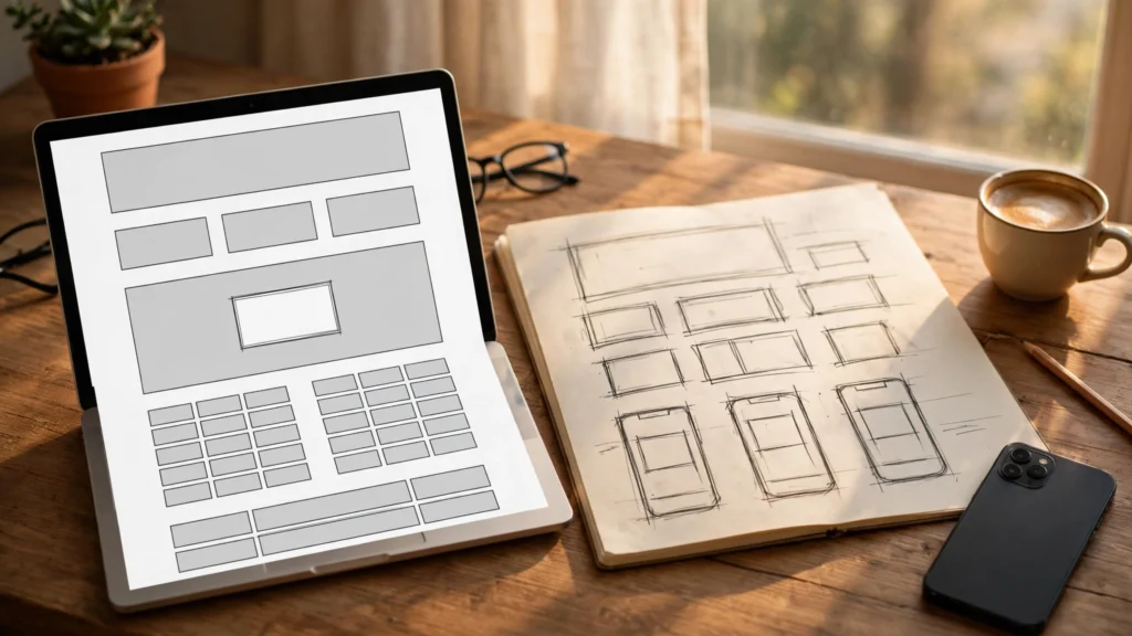 Web designer desk with website wireframe — web design mistakes to avoid