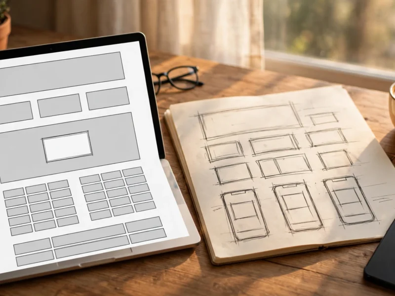 Web designer desk with website wireframe — web design mistakes to avoid