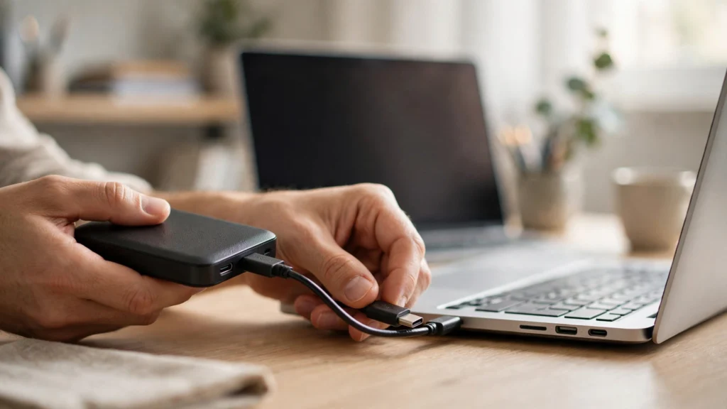 Hands connecting an external hard drive to a laptop — back up your WordPress site off-site.