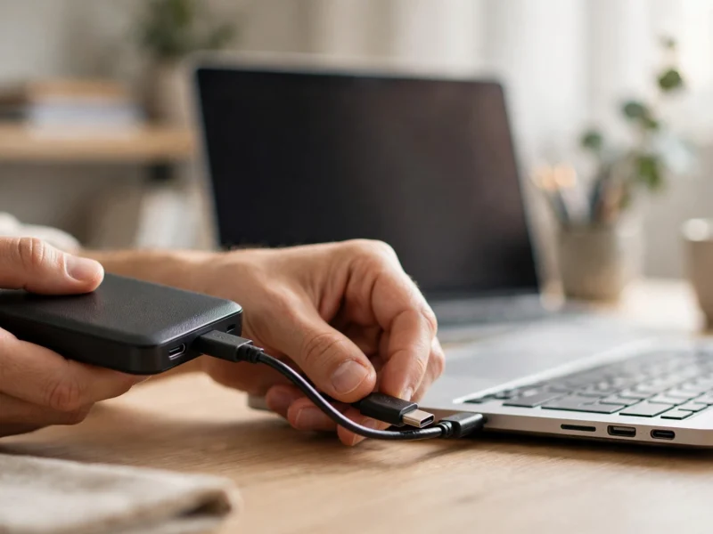 Hands connecting an external hard drive to a laptop — back up your WordPress site off-site.