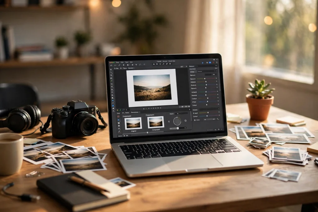 Optimize images in WordPress workspace photo showing photo editing and image compression