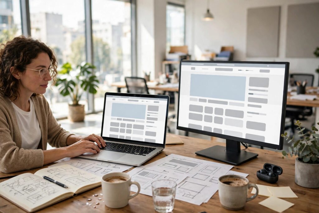 Developer testing a WordPress staging site on laptop and monitor in a bright office