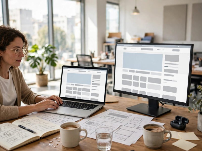Developer testing a WordPress staging site on laptop and monitor in a bright office